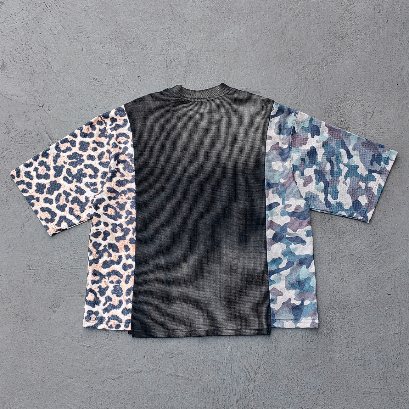 Patchwork T-Shirt - Black Waffle Camo Leopard HUILI HDK Crest Print Y2K Streetwear