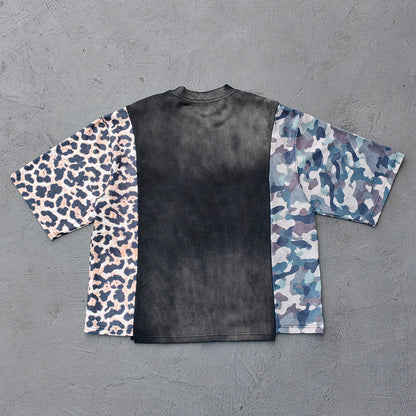 Patchwork T-Shirt - Black Waffle Camo Leopard HUILI HDK Crest Print Y2K Streetwear