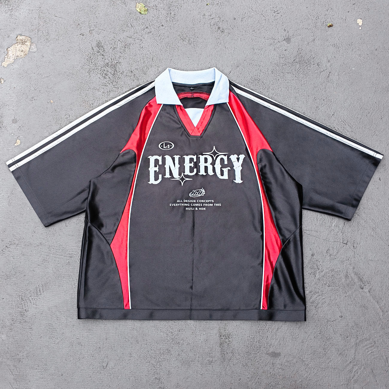 ENERGY Football Jersey Set - Black Red Color Block V Neck Three Stripe Shirt Shorts Y2K Streetwear