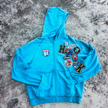 Vintage Patch Zip Up Hoodie - Distressed Racing Varsity Streetwear