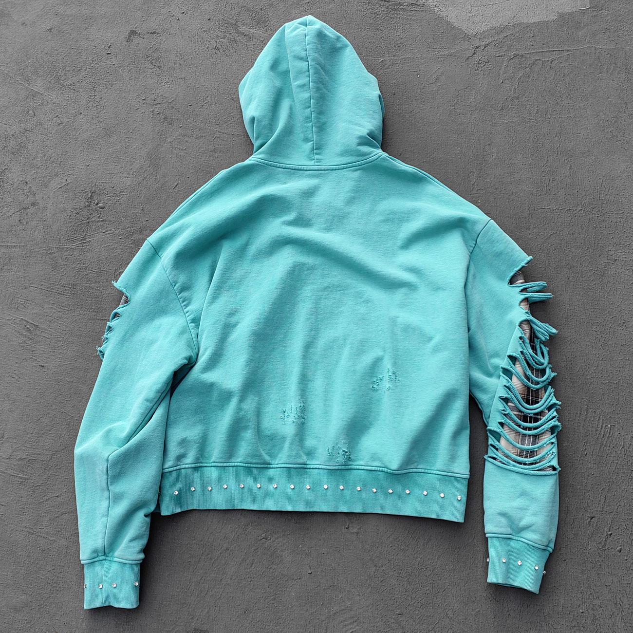 Heavily Distressed Zip Up Hoodie - Mint Studded Ripped Plaid Lining Y2K