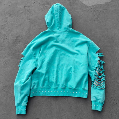 Heavily Distressed Zip Up Hoodie - Mint Studded Ripped Plaid Lining Y2K