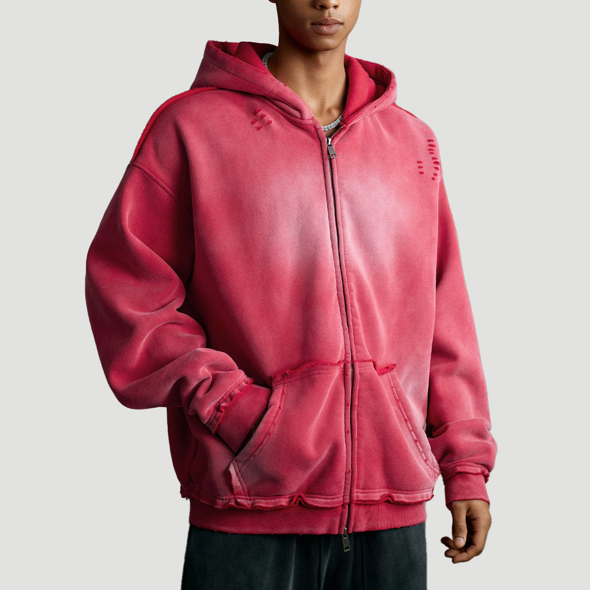 Men’s Oversized Gradient Zip Up Hoodie, Heavyweight 400G Fleece Vintage Streetwear Hooded Jacket, Washed Casual Sweatshirt