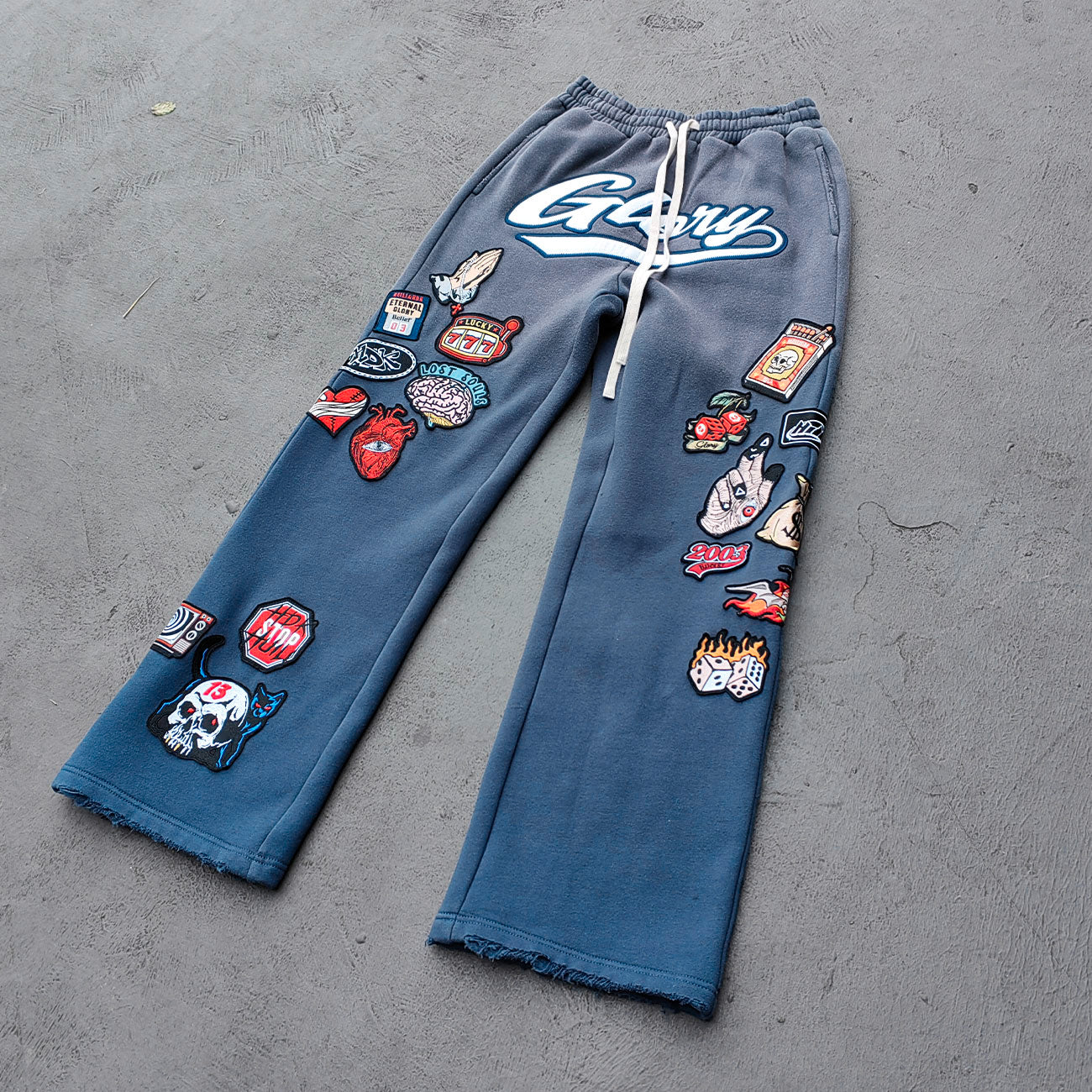 Gray Blue Glory Patch Pants - Multi Badge Embroidered Acid Wash Wide Leg Drawstring Y2K Oversized