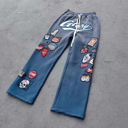 Gray Blue Glory Patch Pants - Multi Badge Embroidered Acid Wash Wide Leg Drawstring Y2K Oversized