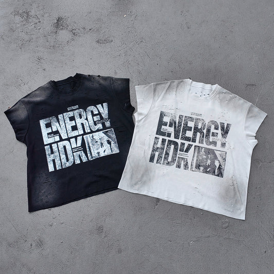 ENERGY HDK Sleeveless Tee - Black White Waffle Knit Cut Off Muscle Tee Distressed Ripped Y2K Streetwear