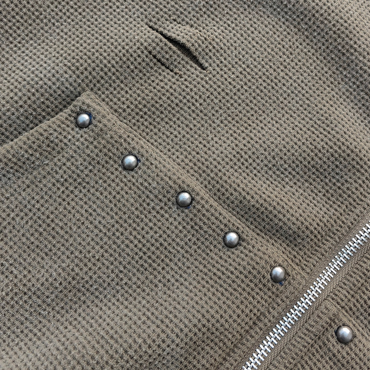 Waffle Knit Zip Up Hoodie - Olive Green Studded Ripped Distressed Y2K Streetwear