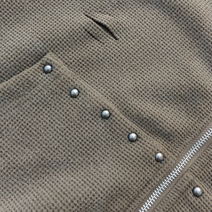 Waffle Knit Zip Up Hoodie - Olive Green Studded Ripped Distressed Y2K Streetwear