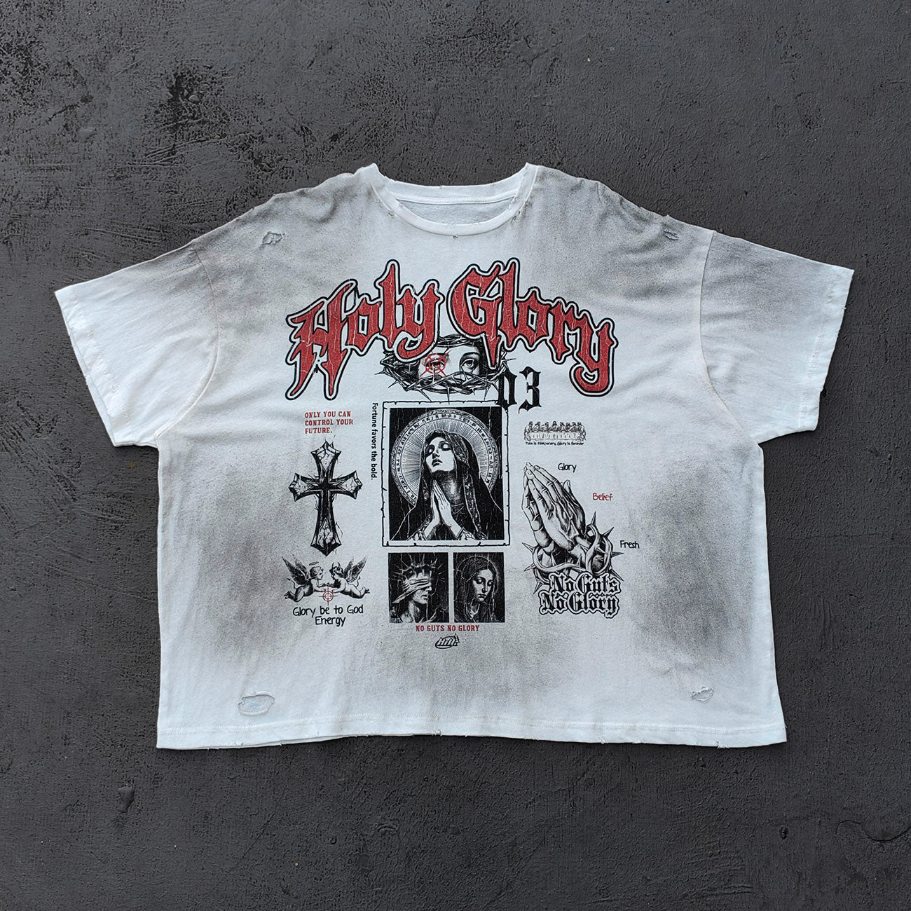 Holy Glory Graphic Tee - White Dirty Wash Religious Virgin Mary Cross Praying Hands Collage Distressed Y2K Streetwear
