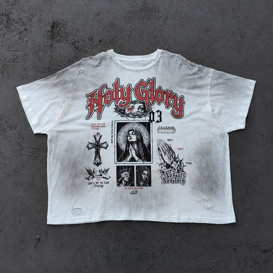 Holy Glory Graphic Tee - White Dirty Wash Religious Virgin Mary Cross Praying Hands Collage Distressed Y2K Streetwear