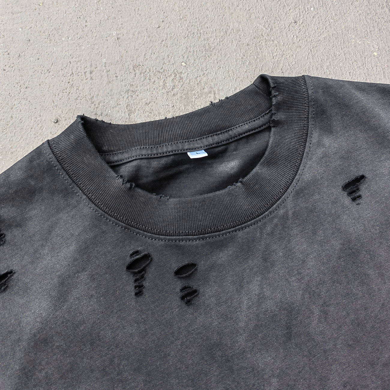 Ripped Distressed T-Shirt - Black Acid Wash Vintage Cut Out Crew Neck Y2K Streetwear