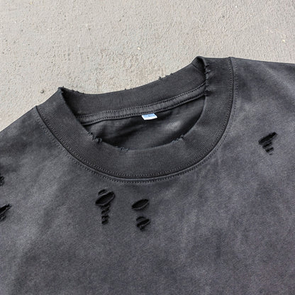 Ripped Distressed T-Shirt - Black Acid Wash Vintage Cut Out Crew Neck Y2K Streetwear