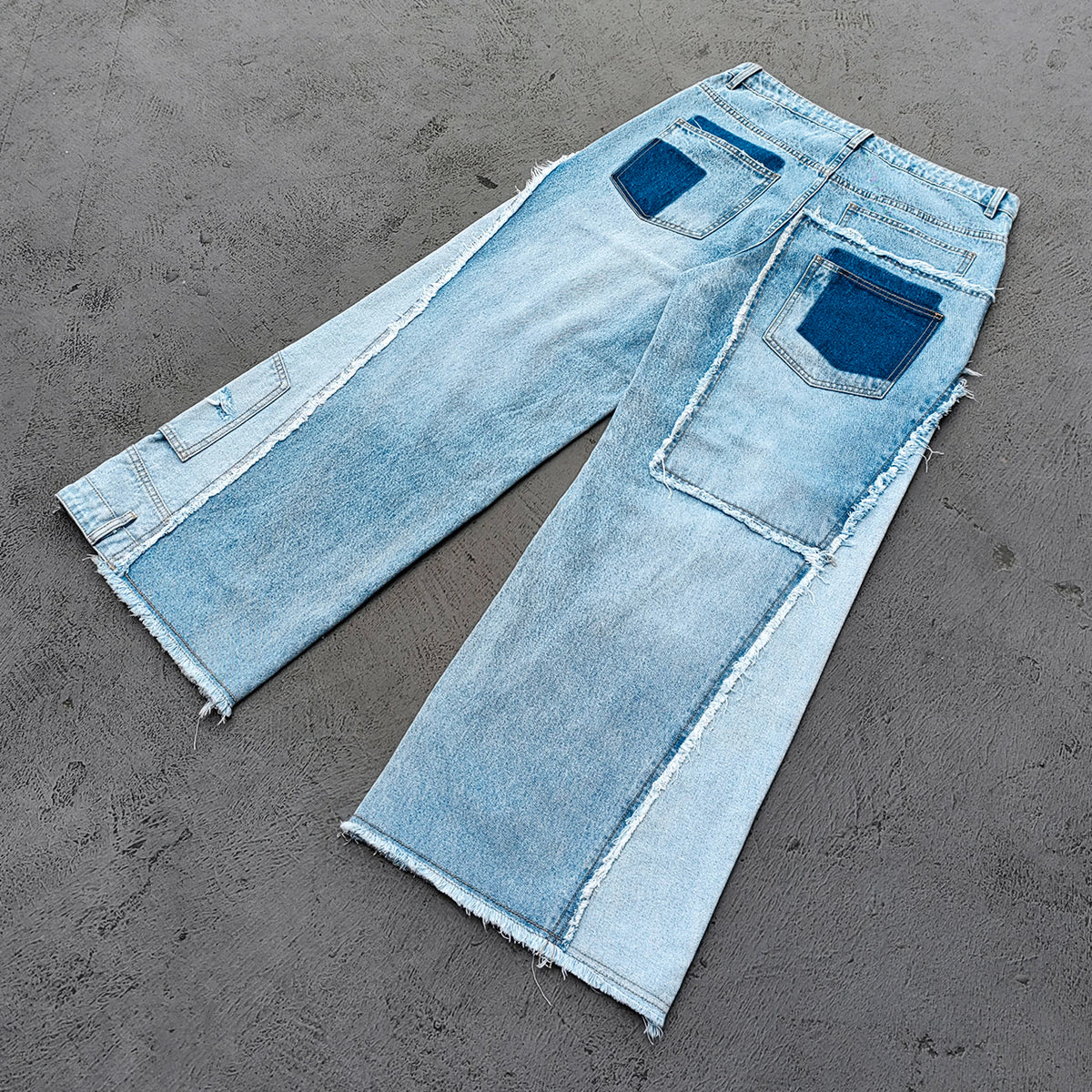 Wide Leg Jeans - Light Blue Acid Wash Frayed Patchwork Ripped Distressed Raw Hem Y2K Streetwear