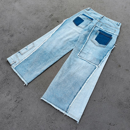 Wide Leg Jeans - Light Blue Acid Wash Frayed Patchwork Ripped Distressed Raw Hem Y2K Streetwear