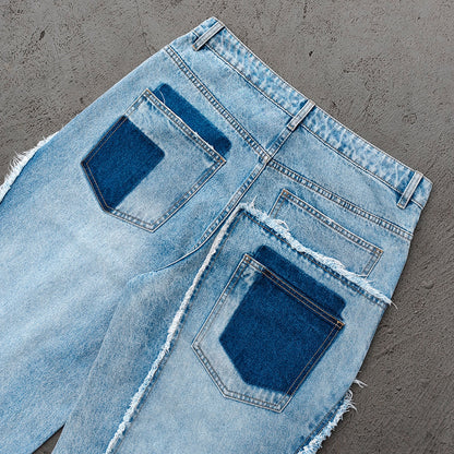 Wide Leg Jeans - Light Blue Acid Wash Frayed Patchwork Ripped Distressed Raw Hem Y2K Streetwear