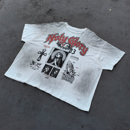 Holy Glory Graphic Tee - White Dirty Wash Religious Virgin Mary Cross Praying Hands Collage Distressed Y2K Streetwear