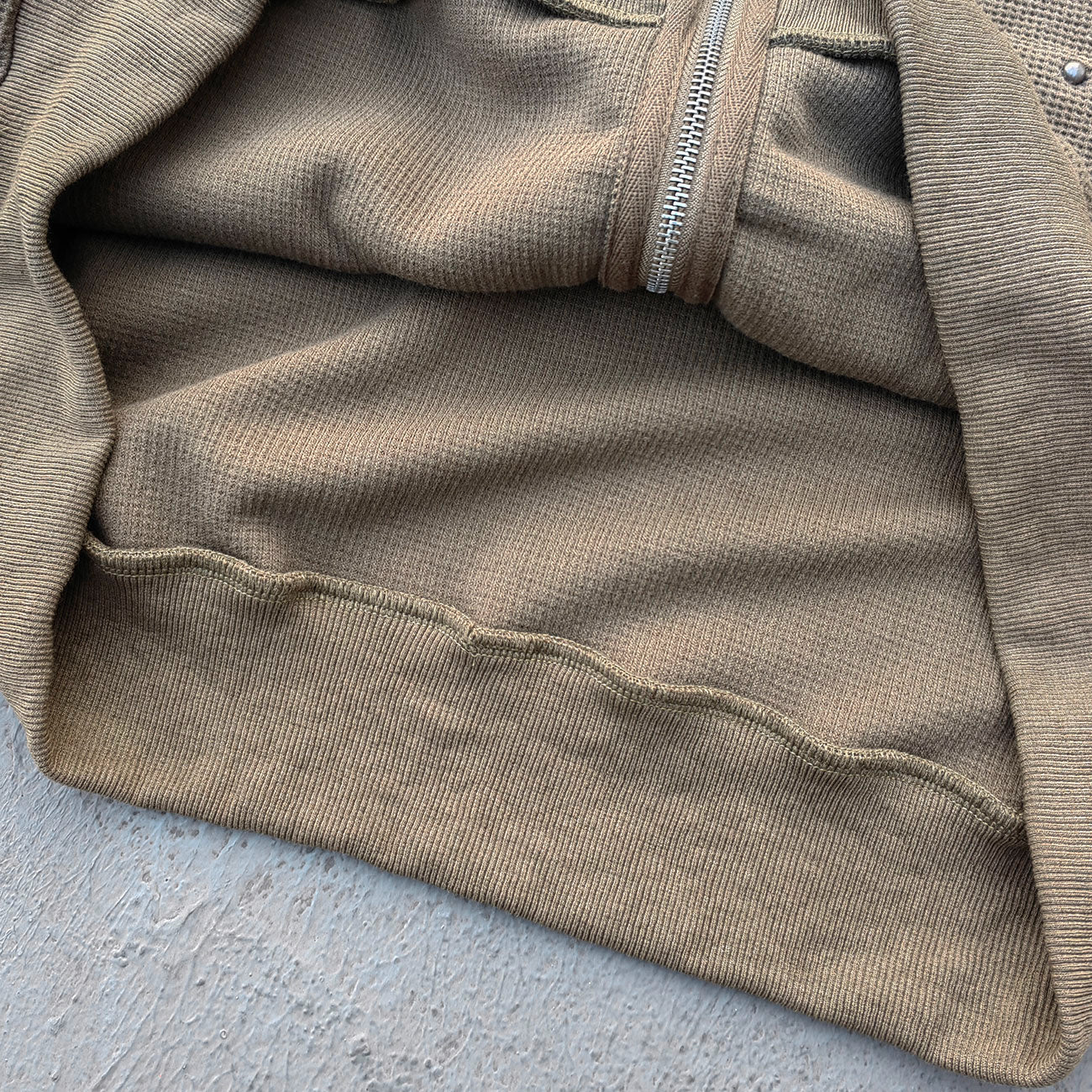 Waffle Knit Zip Up Hoodie - Olive Green Studded Ripped Distressed Y2K Streetwear
