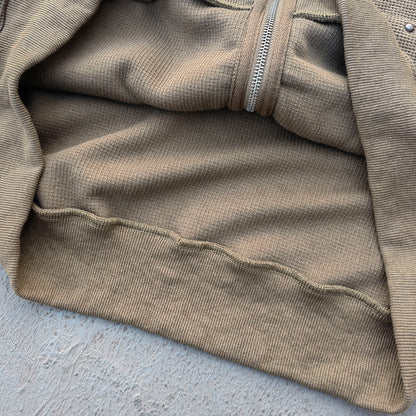 Waffle Knit Zip Up Hoodie - Olive Green Studded Ripped Distressed Y2K Streetwear