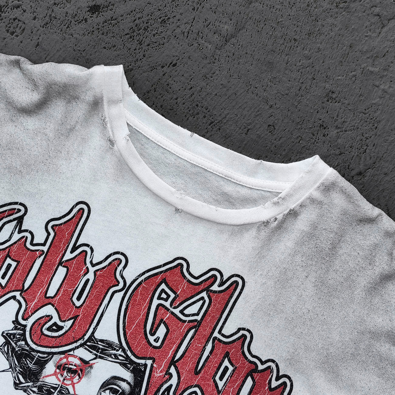 Holy Glory Graphic Tee - White Dirty Wash Religious Virgin Mary Cross Praying Hands Collage Distressed Y2K Streetwear