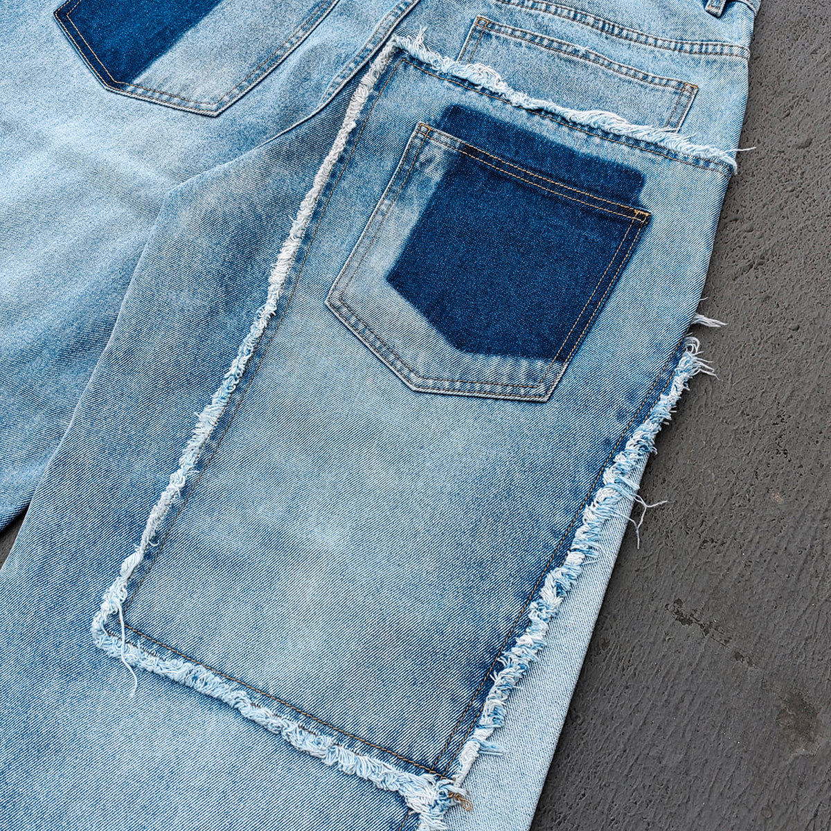 Wide Leg Jeans - Light Blue Acid Wash Frayed Patchwork Ripped Distressed Raw Hem Y2K Streetwear