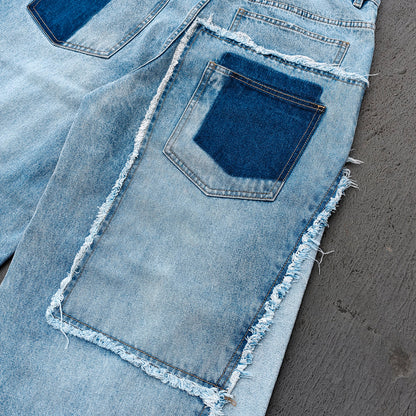 Wide Leg Jeans - Light Blue Acid Wash Frayed Patchwork Ripped Distressed Raw Hem Y2K Streetwear