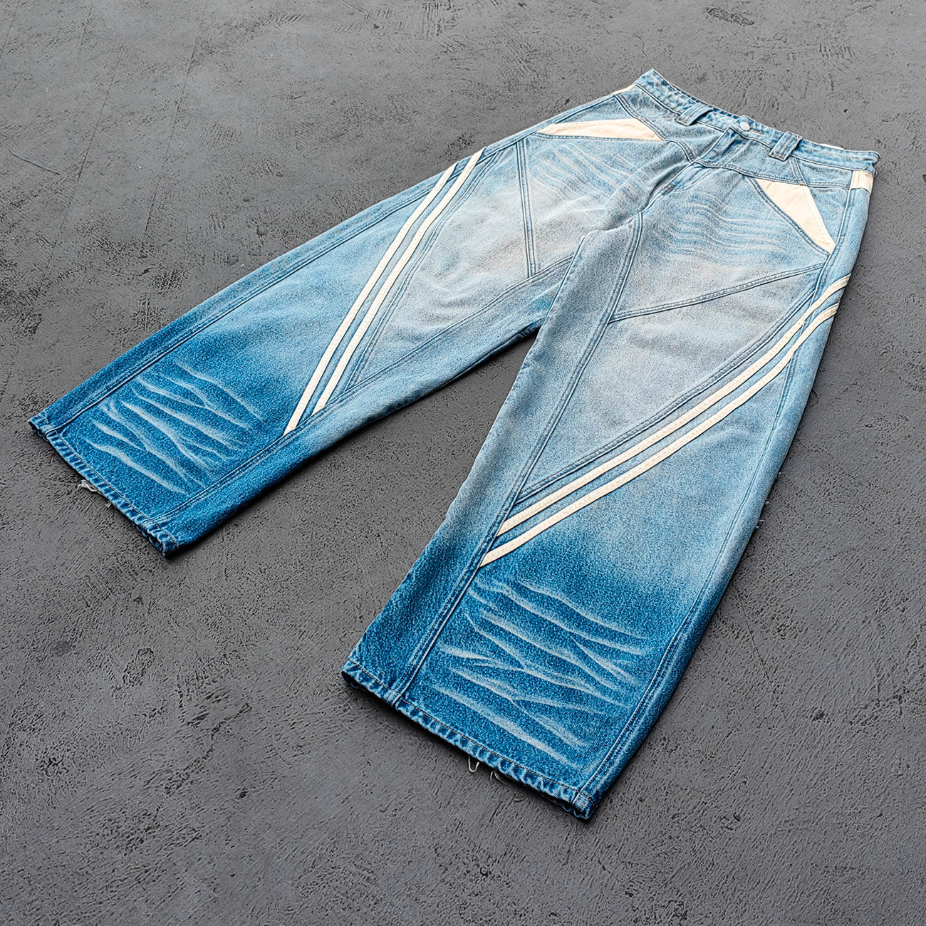 Y2K Vintage Jeans - Light Blue Gradient Cream Diamond Panel Three Stripe Wide Leg Streetwear