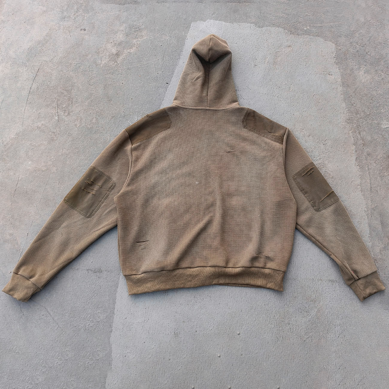 Waffle Knit Zip Up Hoodie - Olive Green Studded Ripped Distressed Y2K Streetwear