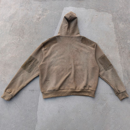 Waffle Knit Zip Up Hoodie - Olive Green Studded Ripped Distressed Y2K Streetwear