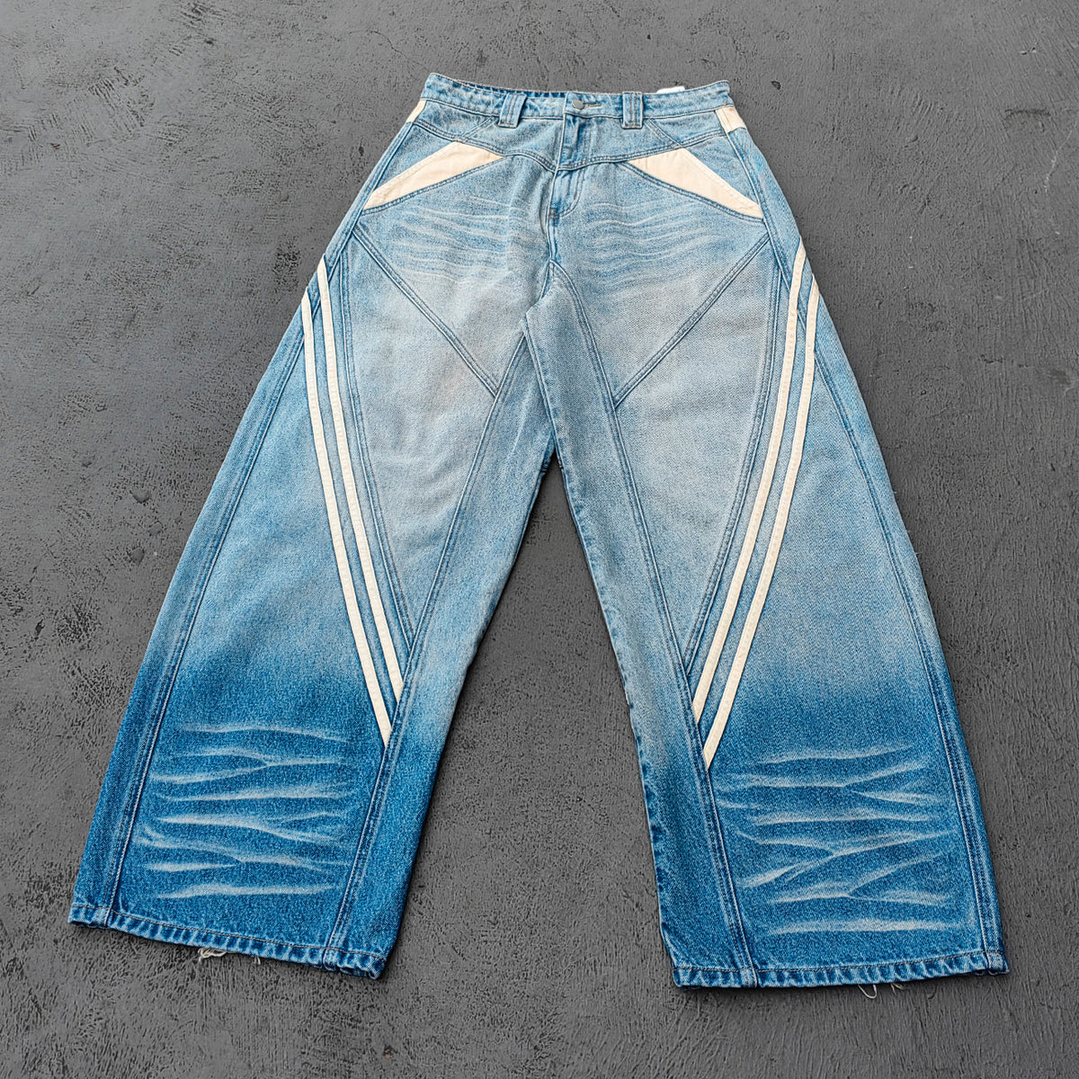 Y2K Vintage Jeans - Light Blue Gradient Cream Diamond Panel Three Stripe Wide Leg Streetwear