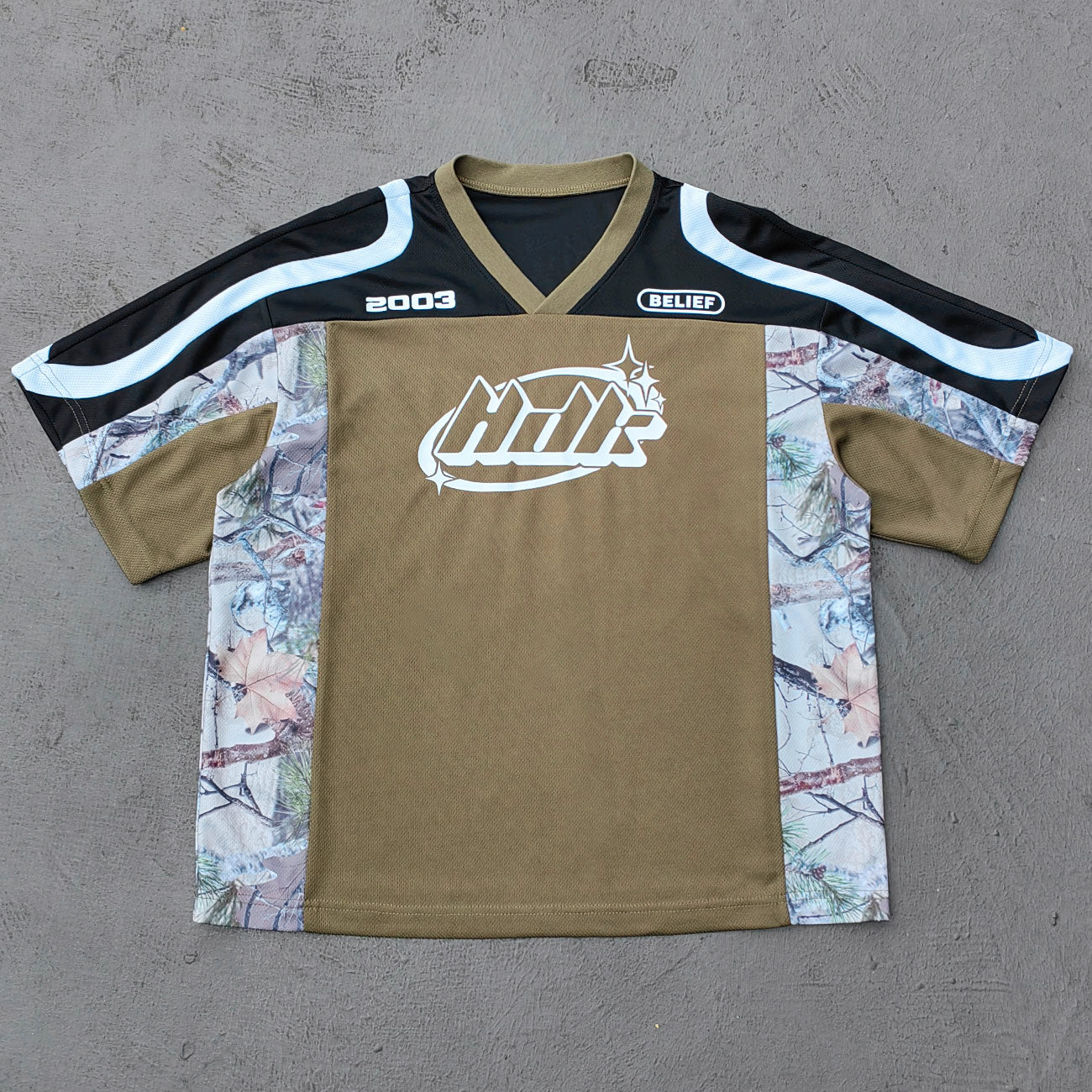 HDK Logo Football Jersey - Olive Black Camo Color Block V Neck 2003 Y2K Streetwear