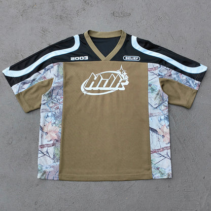 HDK Logo Football Jersey - Olive Black Camo Color Block V Neck 2003 Y2K Streetwear