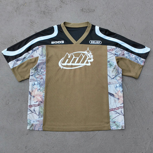 HDK Logo Football Jersey - Olive Black Camo Color Block V Neck 2003 Y2K Streetwear