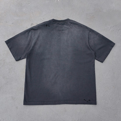 Ripped Distressed T-Shirt - Black Acid Wash Vintage Cut Out Crew Neck Y2K Streetwear