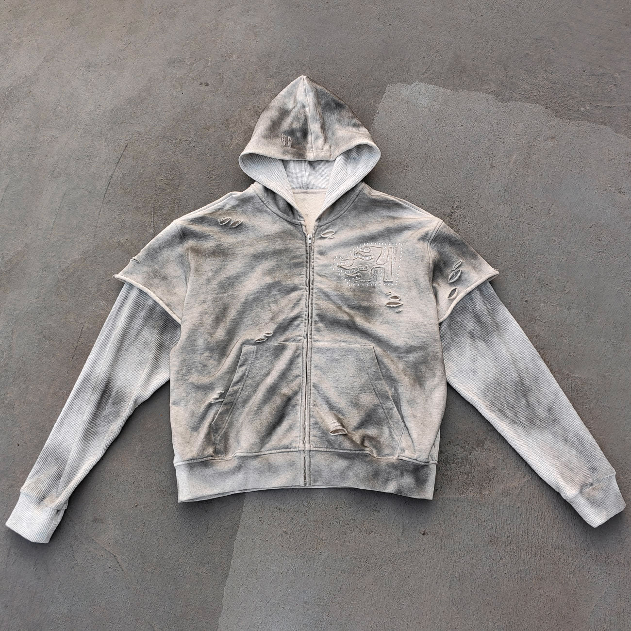 Fake Two-Piece Zip Up Hoodie - Gray Gradient Waffle Sleeve Ripped Y2K Streetwear