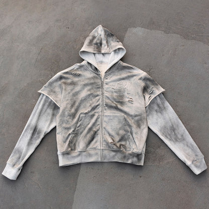 Fake Two-Piece Zip Up Hoodie - Gray Gradient Waffle Sleeve Ripped Y2K Streetwear
