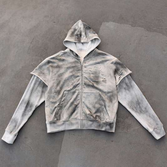 Fake Two-Piece Zip Up Hoodie - Gray Gradient Waffle Sleeve Ripped Y2K Streetwear