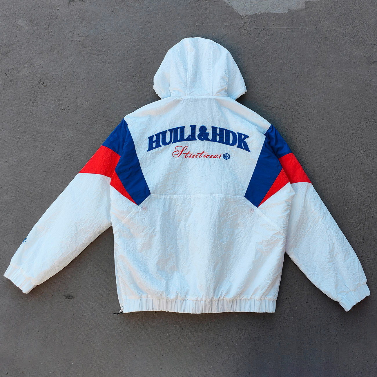 Color Block Hooded Anorak - White Red Blue Y2K Half Zip Windbreaker