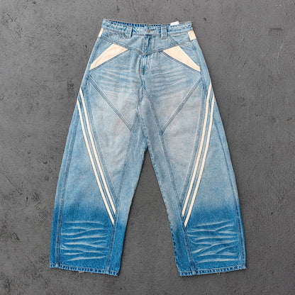 Y2K Vintage Jeans - Light Blue Gradient Cream Diamond Panel Three Stripe Wide Leg Streetwear