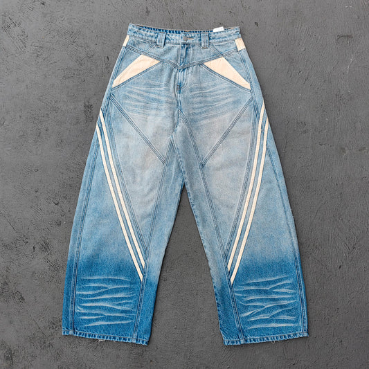 Y2K Vintage Jeans - Light Blue Gradient Cream Diamond Panel Three Stripe Wide Leg Streetwear