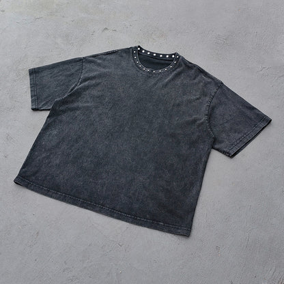 Black Stone Wash Tee - Silver Studded Collar Oversized Boxy Fit Y2K Grunge Streetwear