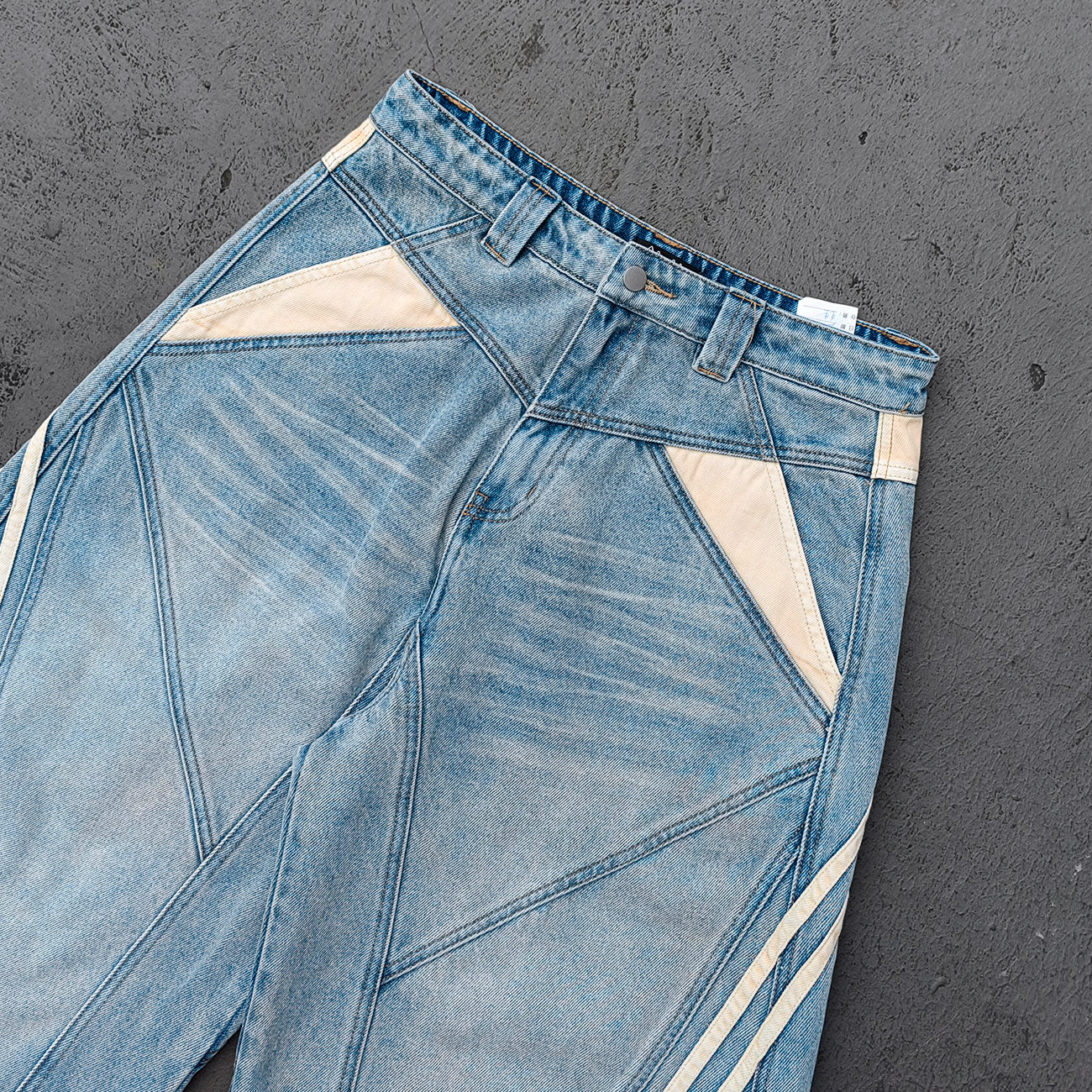 Y2K Vintage Jeans - Light Blue Gradient Cream Diamond Panel Three Stripe Wide Leg Streetwear