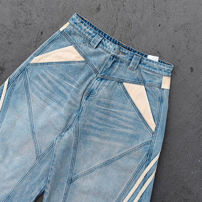Y2K Vintage Jeans - Light Blue Gradient Cream Diamond Panel Three Stripe Wide Leg Streetwear