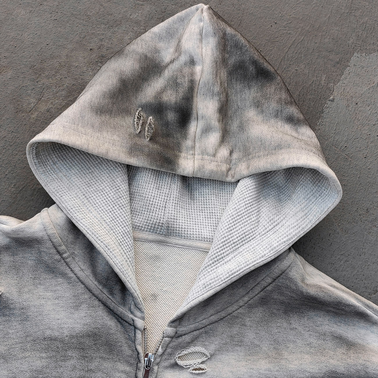 Fake Two-Piece Zip Up Hoodie - Gray Gradient Waffle Sleeve Ripped Y2K Streetwear