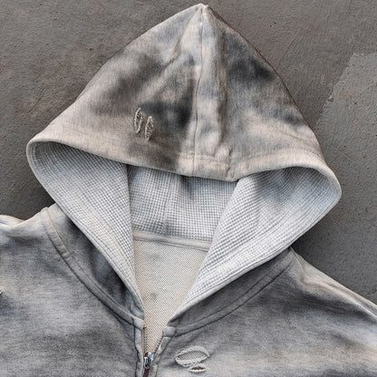 Fake Two-Piece Zip Up Hoodie - Gray Gradient Waffle Sleeve Ripped Y2K Streetwear