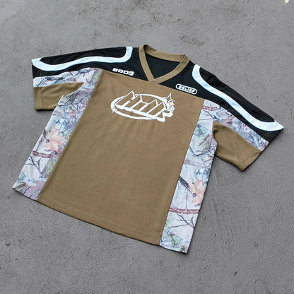 HDK Logo Football Jersey - Olive Black Camo Color Block V Neck 2003 Y2K Streetwear