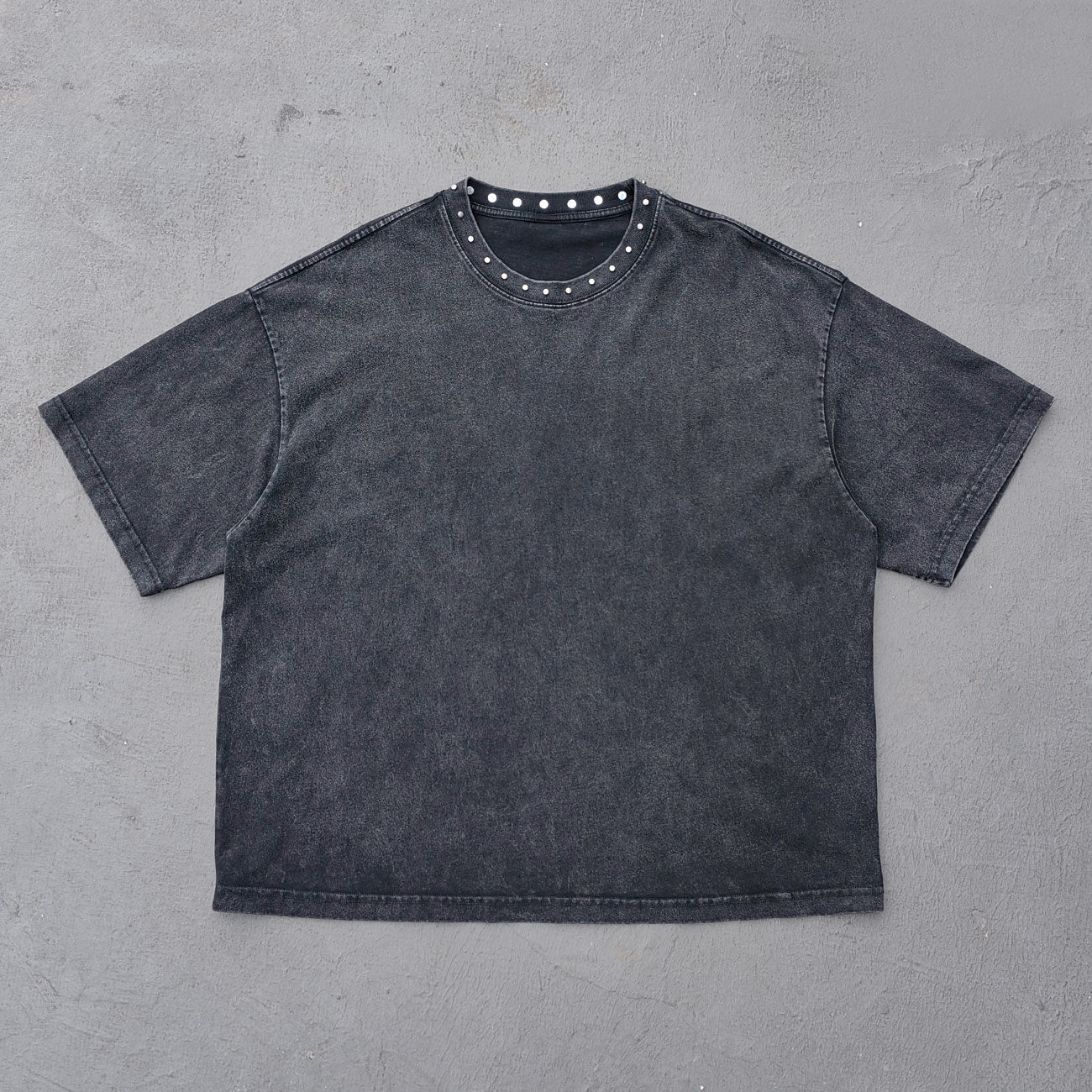 Black Stone Wash Tee - Silver Studded Collar Oversized Boxy Fit Y2K Grunge Streetwear