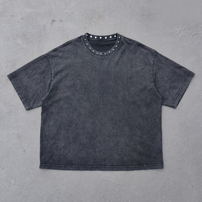 Black Stone Wash Tee - Silver Studded Collar Oversized Boxy Fit Y2K Grunge Streetwear