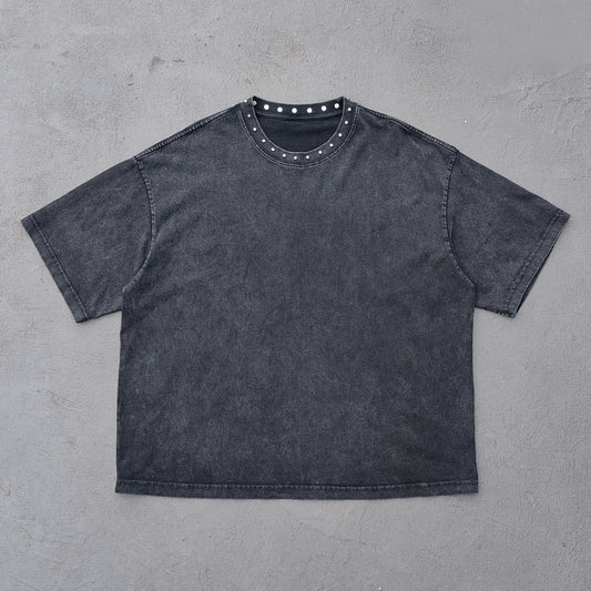 Black Stone Wash Tee - Silver Studded Collar Oversized Boxy Fit Y2K Grunge Streetwear