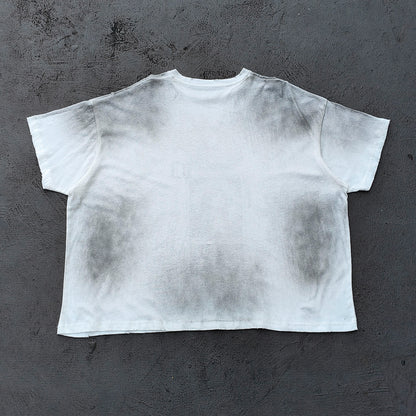 Holy Glory Graphic Tee - White Dirty Wash Religious Virgin Mary Cross Praying Hands Collage Distressed Y2K Streetwear