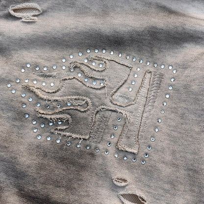 Fake Two-Piece Zip Up Hoodie - Gray Gradient Waffle Sleeve Ripped Y2K Streetwear